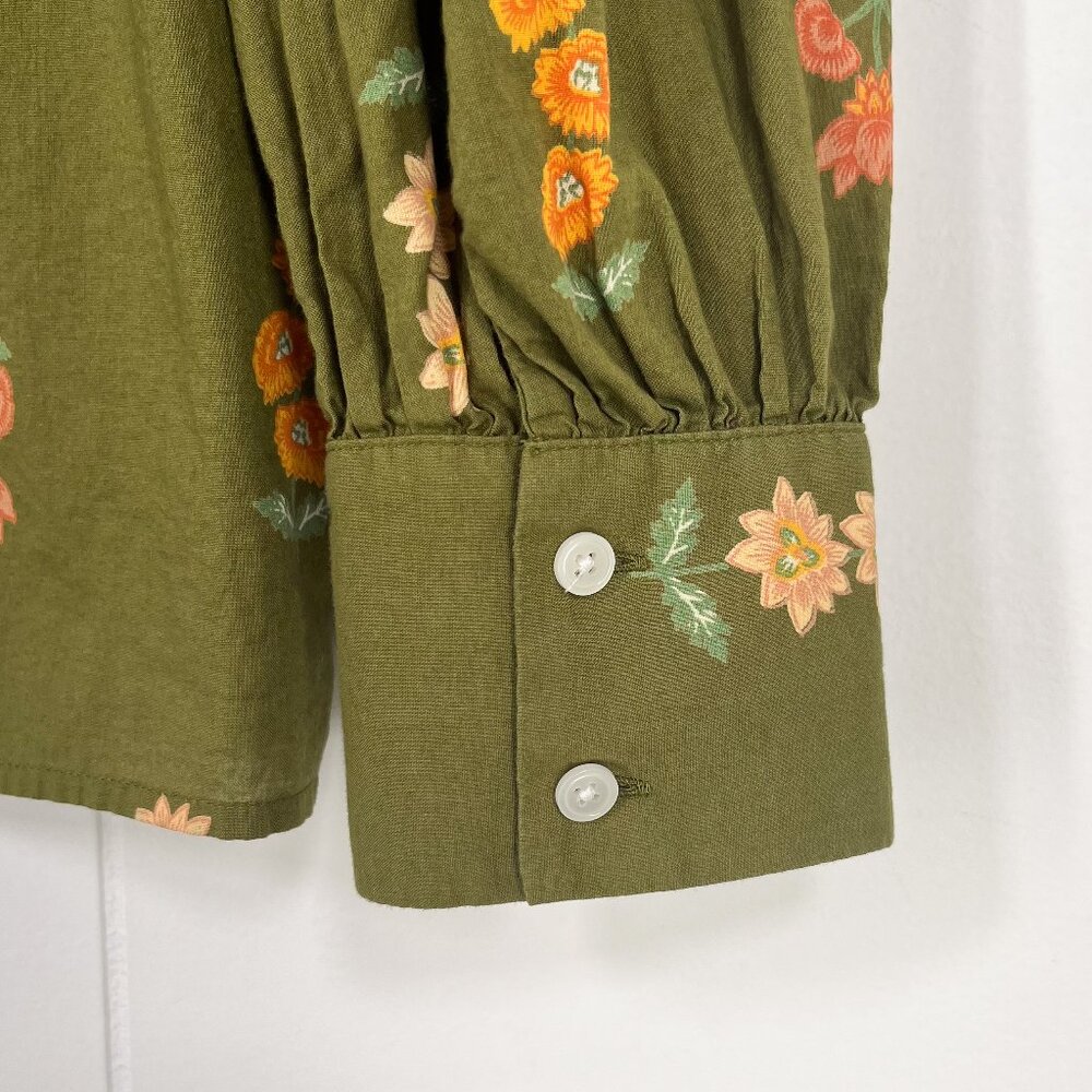 Loft Outlet Floral Button Down Blouse Balloon Sleeve Fall Boho Size Medium Green - Picture 8 of 15